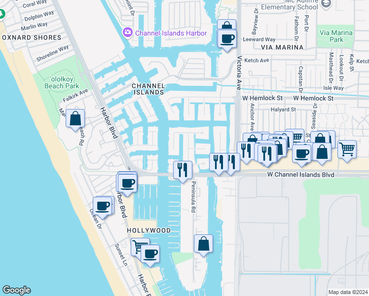 map of restaurants, bars, coffee shops, grocery stores, and more near 2355 Peninsula Road in Oxnard