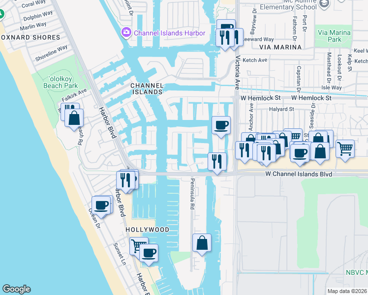 map of restaurants, bars, coffee shops, grocery stores, and more near 2401 Peninsula Road in Oxnard