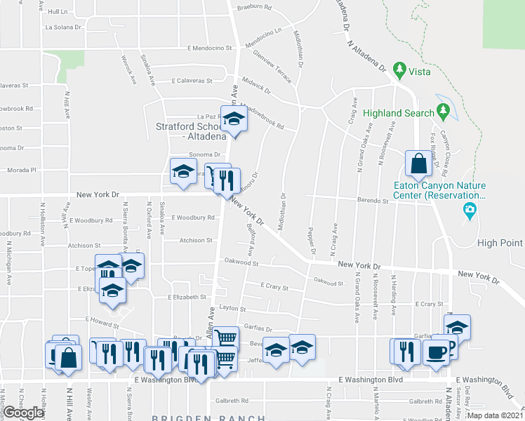 map of restaurants, bars, coffee shops, grocery stores, and more near 1991 New York Drive in Altadena
