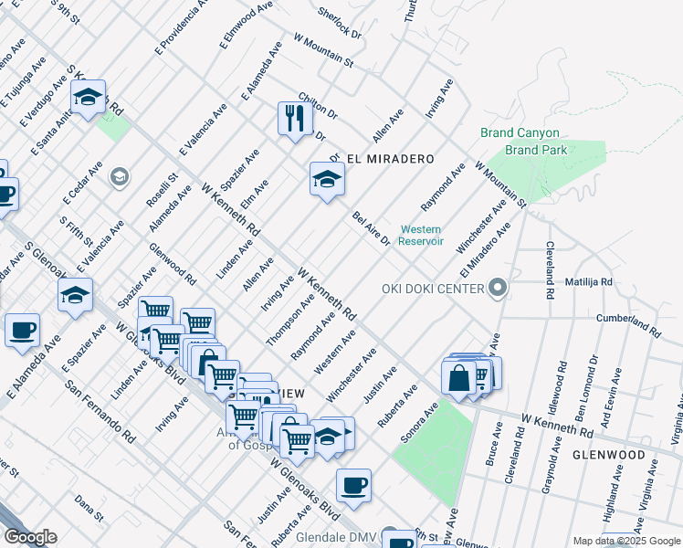 map of restaurants, bars, coffee shops, grocery stores, and more near 1324 Thompson Avenue in Glendale