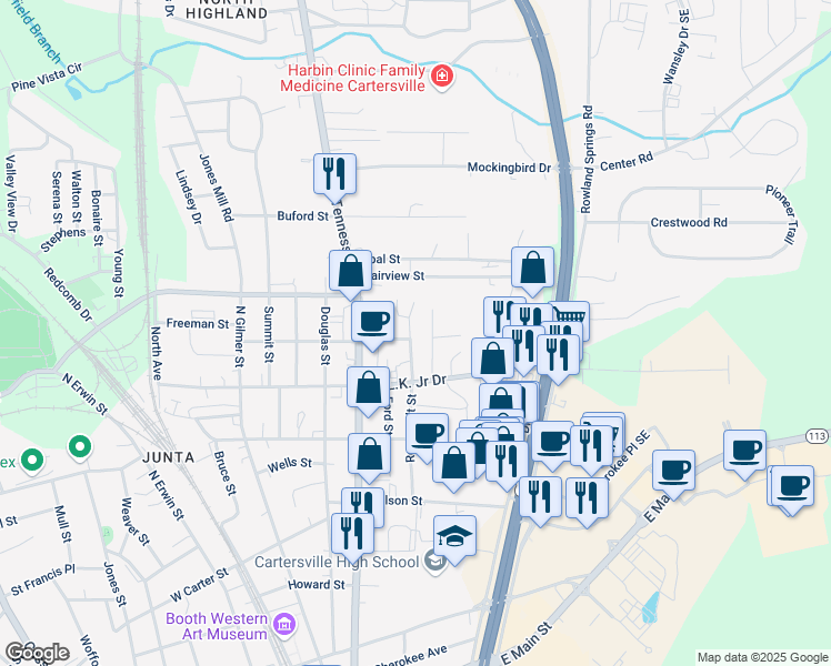 map of restaurants, bars, coffee shops, grocery stores, and more near 121 Roosevelt Street in Cartersville