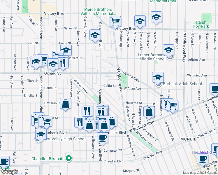map of restaurants, bars, coffee shops, grocery stores, and more near 10444 Califa Street in Los Angeles