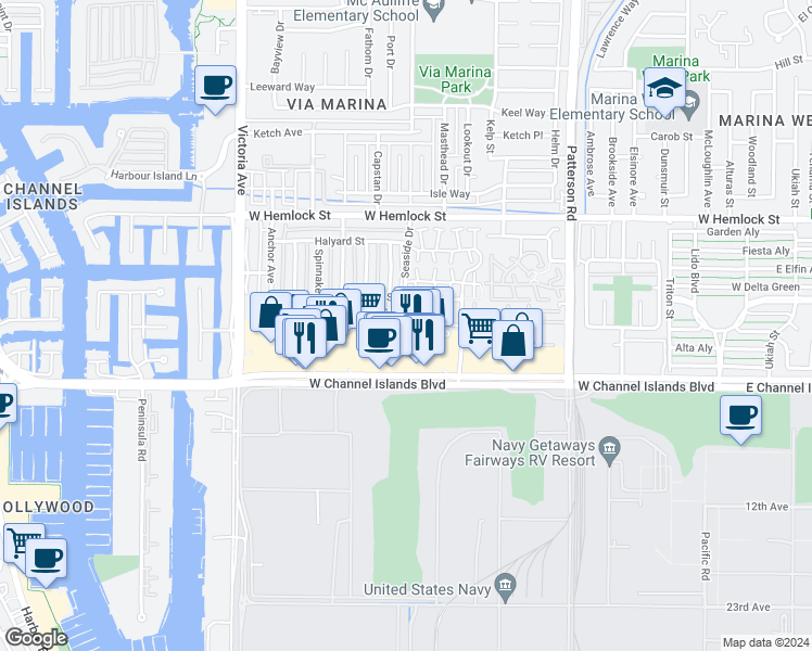 map of restaurants, bars, coffee shops, grocery stores, and more near 2510 Seadrift Court in Port Hueneme