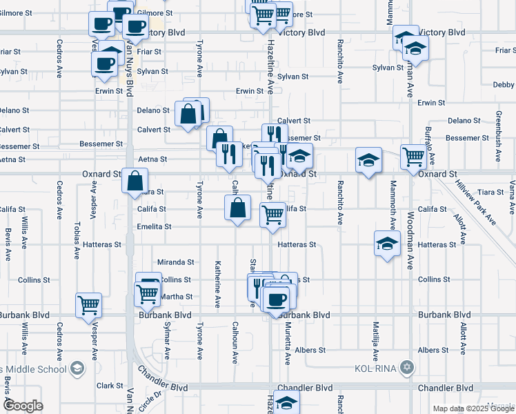 map of restaurants, bars, coffee shops, grocery stores, and more near 14142 Califa Street in Los Angeles