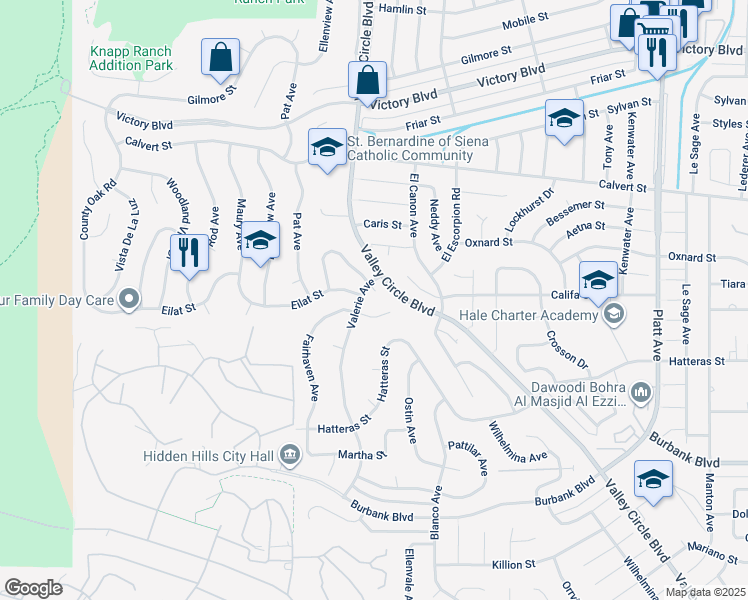 map of restaurants, bars, coffee shops, grocery stores, and more near 24300 Clipstone Street in Los Angeles