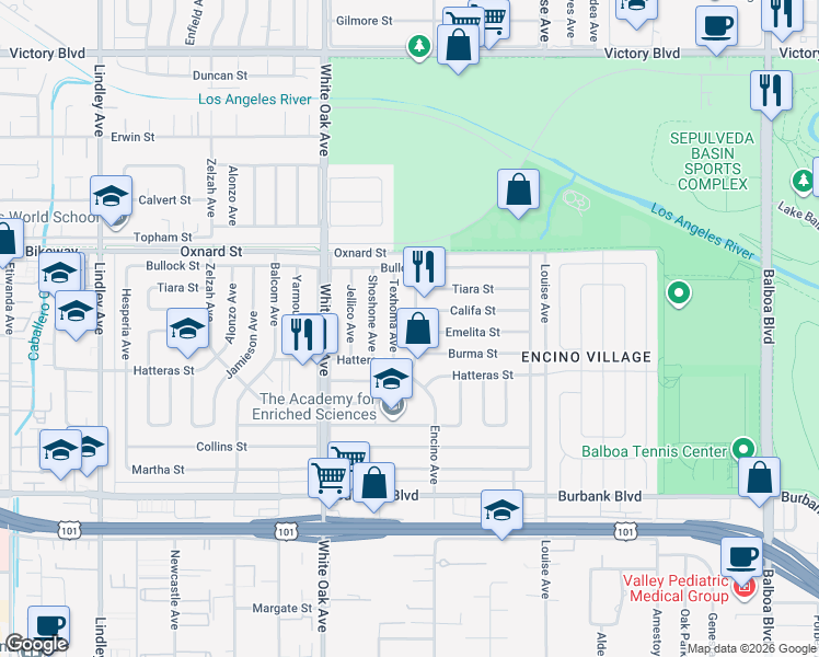 map of restaurants, bars, coffee shops, grocery stores, and more near Encino Avenue in Los Angeles