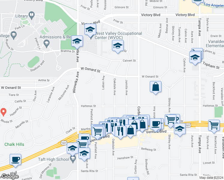 map of restaurants, bars, coffee shops, grocery stores, and more near 5907 Oakdale Avenue in Los Angeles