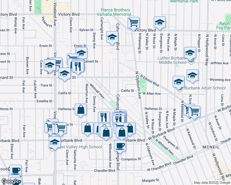 map of restaurants, bars, coffee shops, grocery stores, and more near 5903 Cahuenga Boulevard in Los Angeles