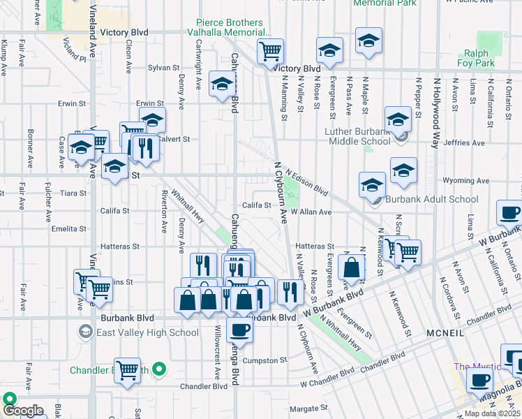 map of restaurants, bars, coffee shops, grocery stores, and more near 10434 Califa Street in Los Angeles