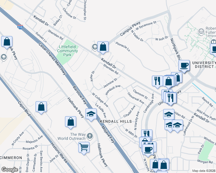 map of restaurants, bars, coffee shops, grocery stores, and more near 5265 Jasmine Street in San Bernardino