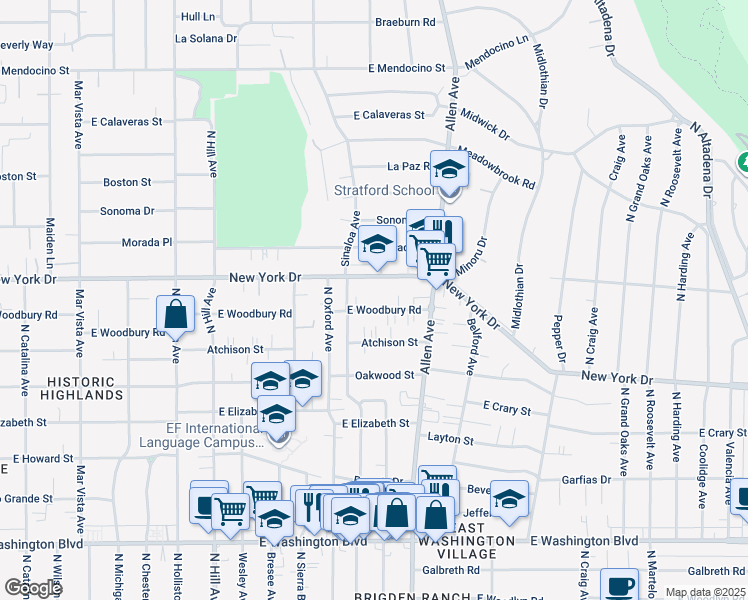 map of restaurants, bars, coffee shops, grocery stores, and more near 1747 East Woodbury Road in Pasadena