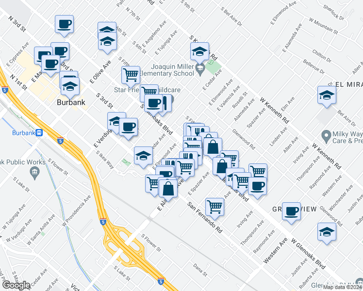 map of restaurants, bars, coffee shops, grocery stores, and more near 817 South Glenoaks Boulevard in Burbank