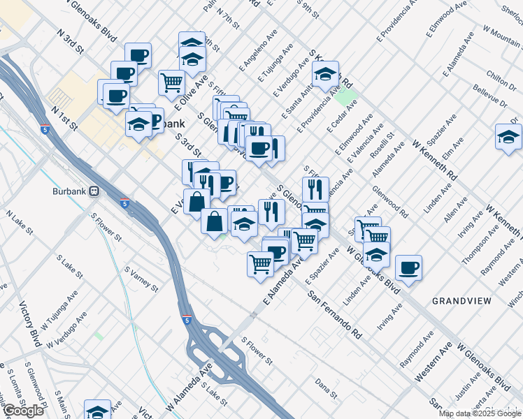 map of restaurants, bars, coffee shops, grocery stores, and more near 231 East Cedar Avenue in Burbank