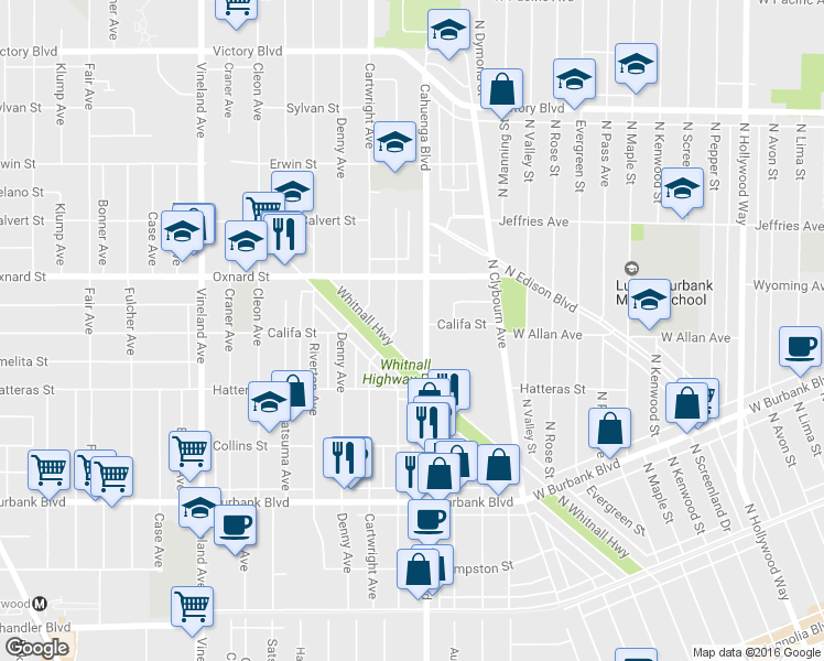 map of restaurants, bars, coffee shops, grocery stores, and more near 5901 Cahuenga Boulevard in Los Angeles