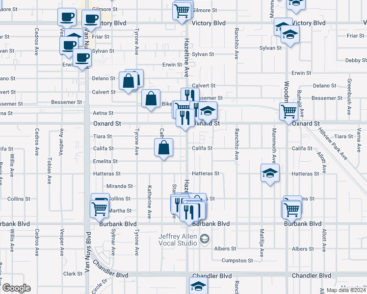 map of restaurants, bars, coffee shops, grocery stores, and more near 5865 Hazeltine Avenue in Los Angeles