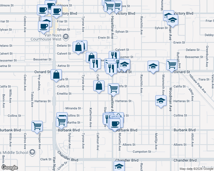 map of restaurants, bars, coffee shops, grocery stores, and more near 14142 Califa Street in Los Angeles