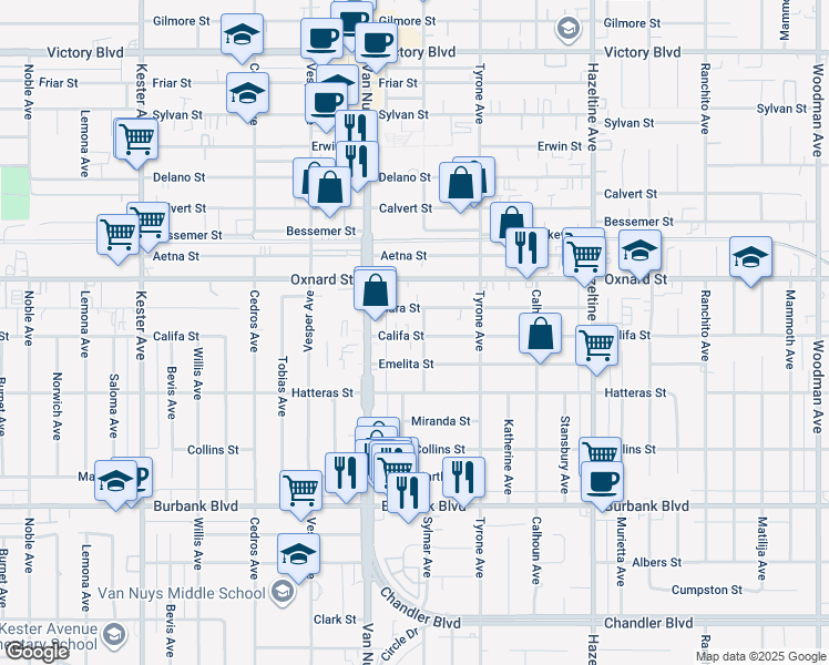 map of restaurants, bars, coffee shops, grocery stores, and more near 14427 Califa Street in Los Angeles