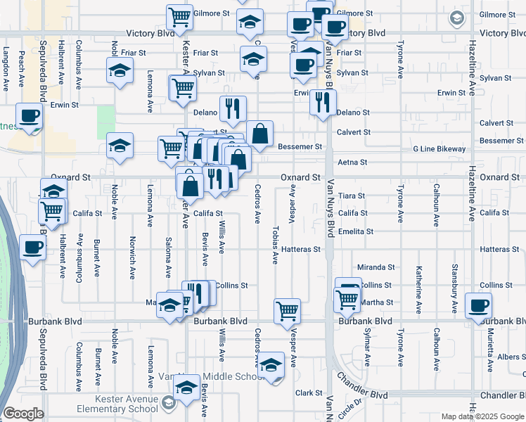 map of restaurants, bars, coffee shops, grocery stores, and more near 5859 Cedros Avenue in Los Angeles