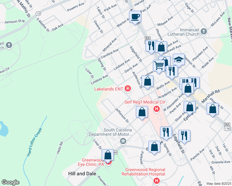 map of restaurants, bars, coffee shops, grocery stores, and more near 1005 Jefferson St in Greenwood