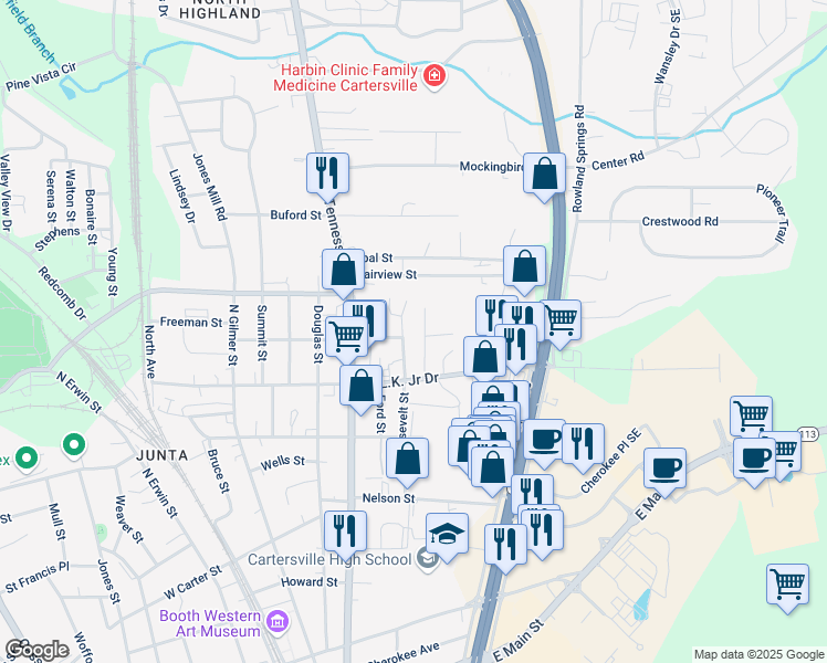 map of restaurants, bars, coffee shops, grocery stores, and more near 121 Roosevelt Street in Cartersville