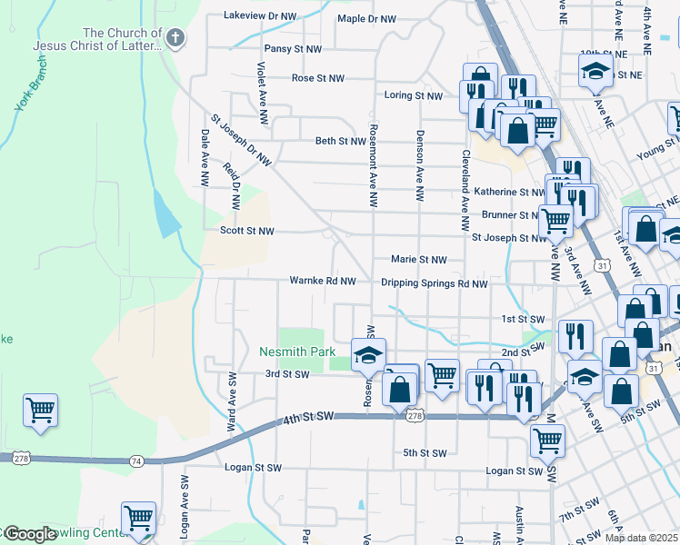 map of restaurants, bars, coffee shops, grocery stores, and more near 1509 Warnke Road Northwest in Cullman