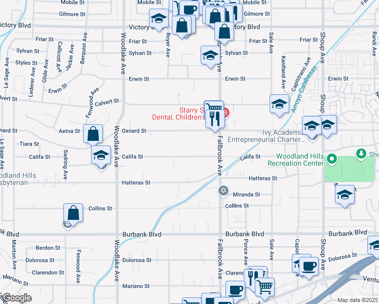 map of restaurants, bars, coffee shops, grocery stores, and more near 22911 Califa Street in Los Angeles
