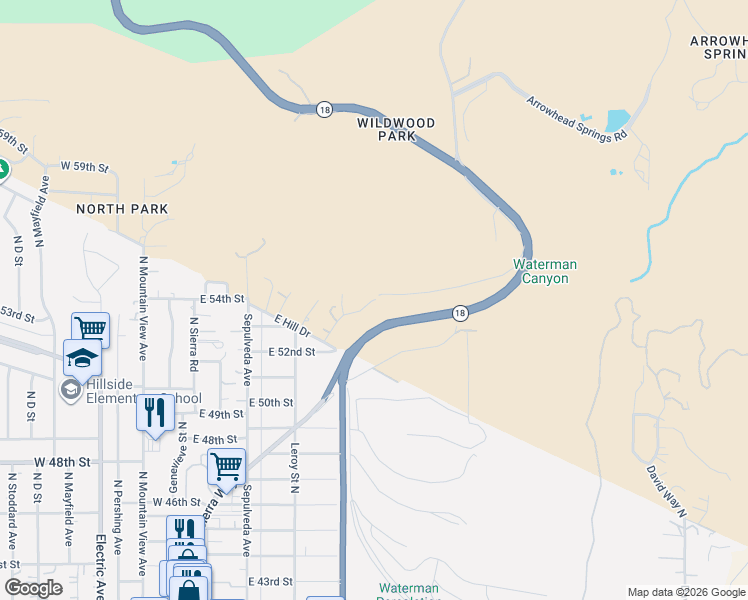 map of restaurants, bars, coffee shops, grocery stores, and more near 5383 Park Lane in San Bernardino