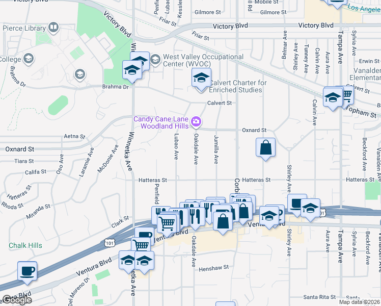 map of restaurants, bars, coffee shops, grocery stores, and more near 5907 Oakdale Avenue in Los Angeles