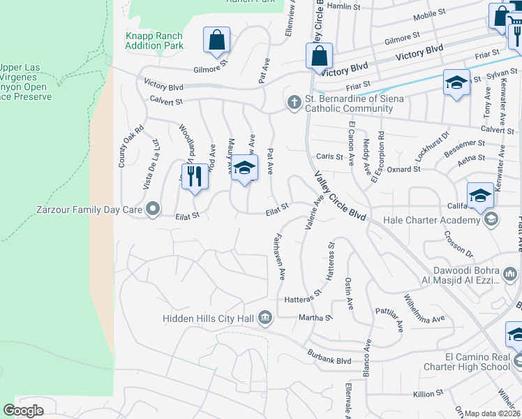 map of restaurants, bars, coffee shops, grocery stores, and more near 24535 Eilat Street in Los Angeles