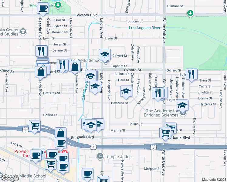 map of restaurants, bars, coffee shops, grocery stores, and more near 5839 Bertrand Avenue in Los Angeles