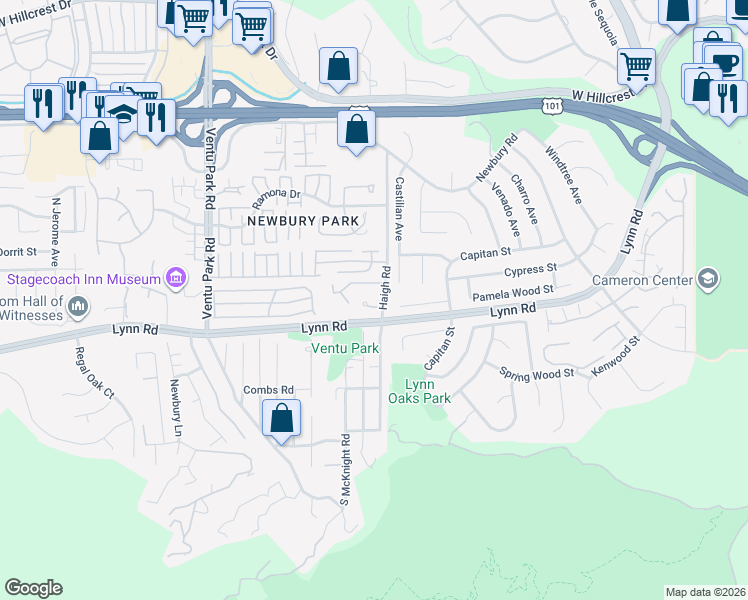 map of restaurants, bars, coffee shops, grocery stores, and more near 927 Tupelo Wood Court in Thousand Oaks