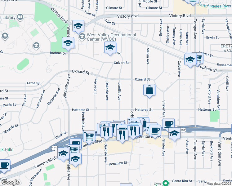 map of restaurants, bars, coffee shops, grocery stores, and more near 5907 Jumilla Avenue in Los Angeles