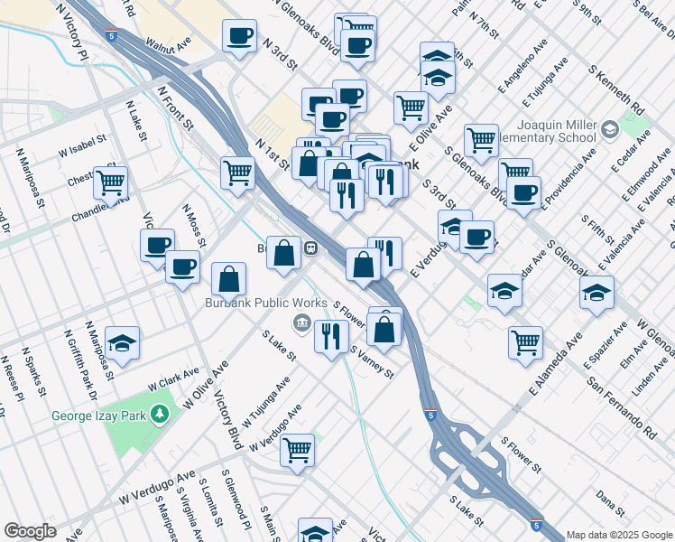 map of restaurants, bars, coffee shops, grocery stores, and more near 211 North Front Street in Burbank