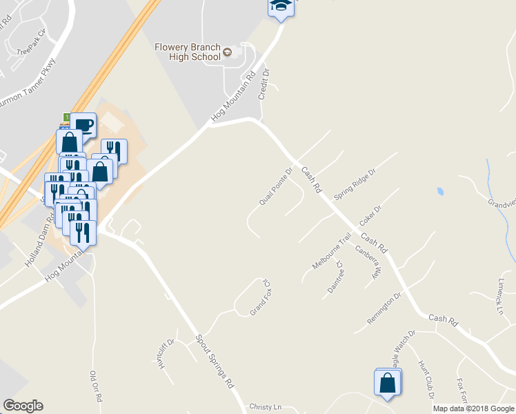 map of restaurants, bars, coffee shops, grocery stores, and more near 6640 Quail Pointe Drive in Flowery Branch