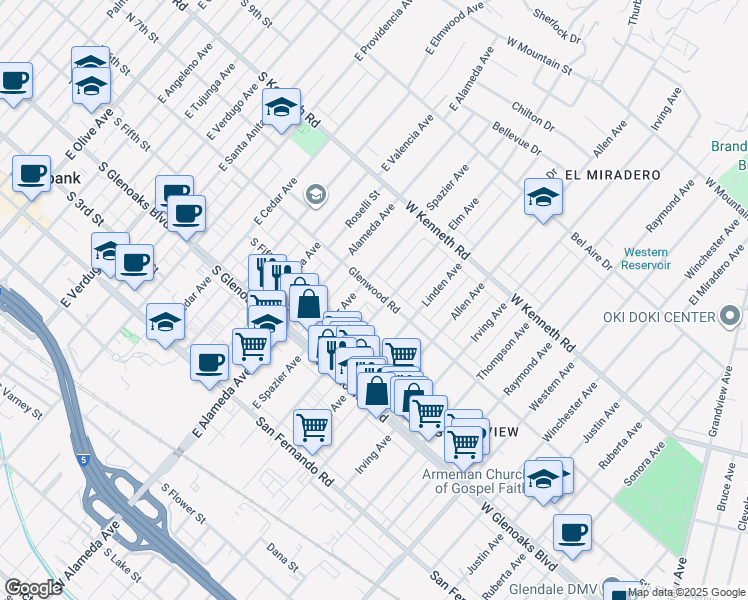 map of restaurants, bars, coffee shops, grocery stores, and more near 2010 Glenwood Road in Glendale