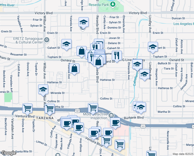 map of restaurants, bars, coffee shops, grocery stores, and more near 5911 Reseda Boulevard in Los Angeles