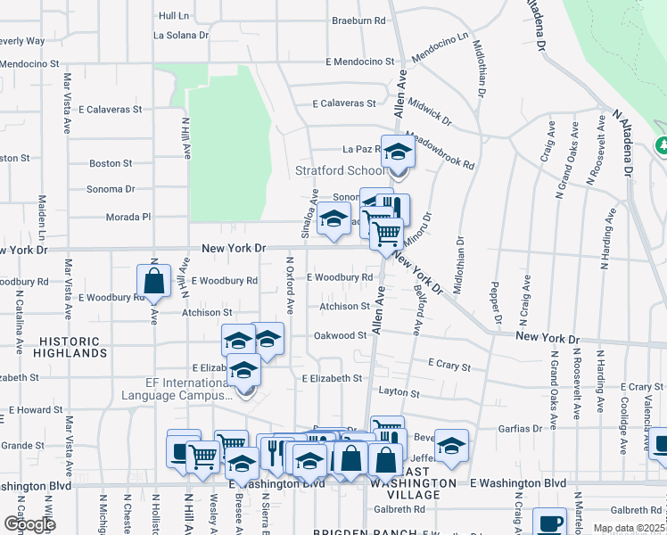 map of restaurants, bars, coffee shops, grocery stores, and more near 1745 East Woodbury Road in Pasadena