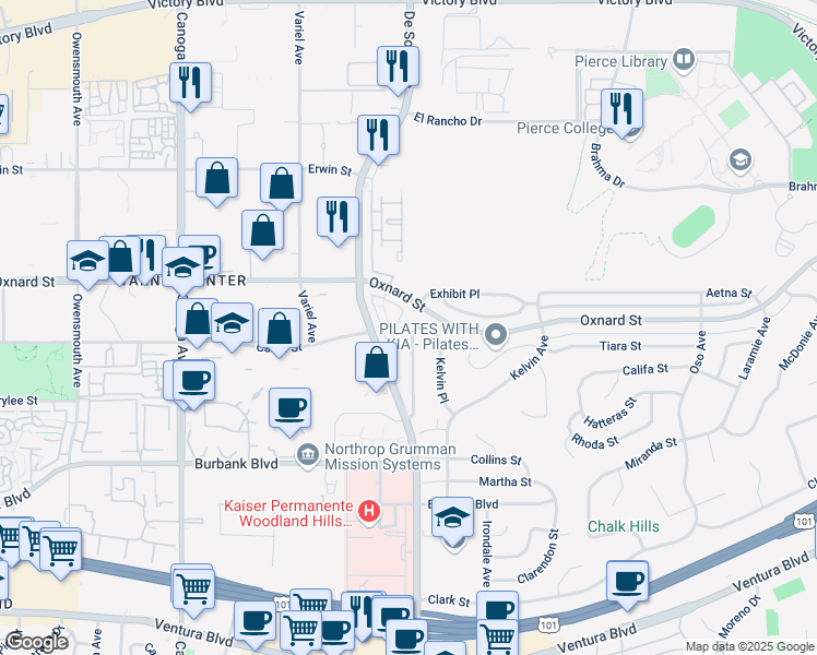 map of restaurants, bars, coffee shops, grocery stores, and more near 5857 Serrania Avenue in Los Angeles