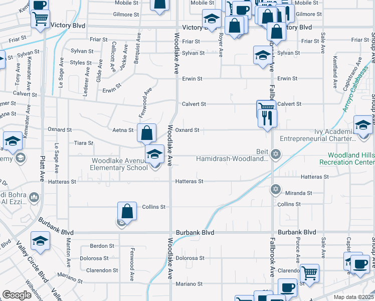 map of restaurants, bars, coffee shops, grocery stores, and more near 23121 Califa Street in Los Angeles