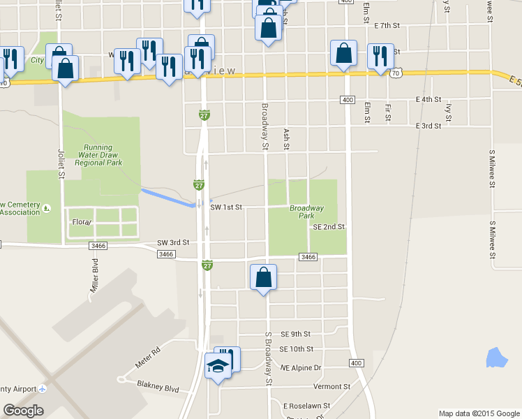map of restaurants, bars, coffee shops, grocery stores, and more near 202 South Broadway Street in Plainview