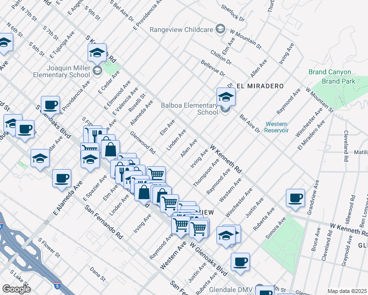 map of restaurants, bars, coffee shops, grocery stores, and more near 1247 Allen Avenue in Glendale