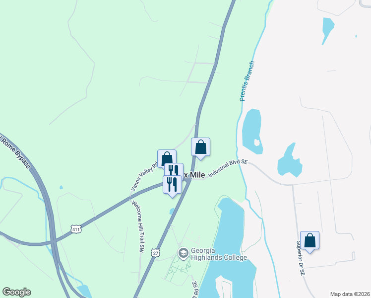 map of restaurants, bars, coffee shops, grocery stores, and more near 65 Vanns Valley Road Southwest in Rome