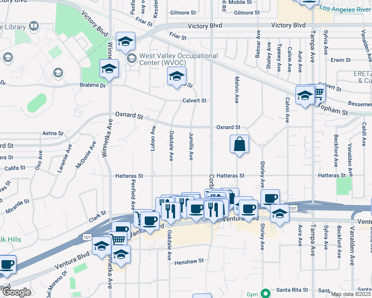 map of restaurants, bars, coffee shops, grocery stores, and more near 5907 Jumilla Avenue in Los Angeles