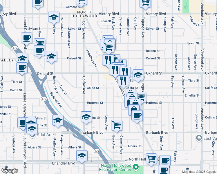 map of restaurants, bars, coffee shops, grocery stores, and more near 5859 Lemp Avenue in Los Angeles