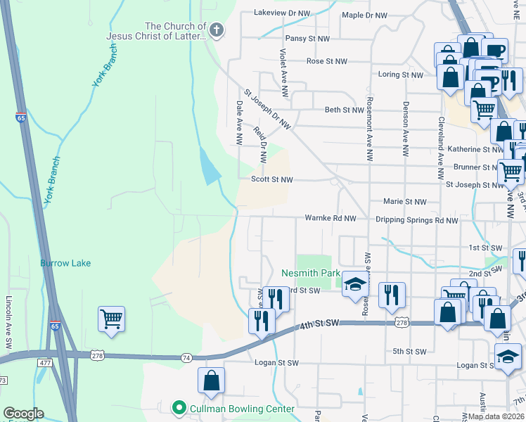 map of restaurants, bars, coffee shops, grocery stores, and more near 1629 Warnke Road Northwest in Cullman