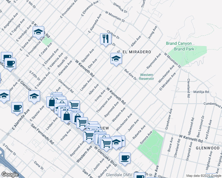 map of restaurants, bars, coffee shops, grocery stores, and more near 1815 West Kenneth Road in Glendale