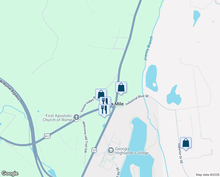 map of restaurants, bars, coffee shops, grocery stores, and more near 65 Vanns Valley Road Southwest in Rome