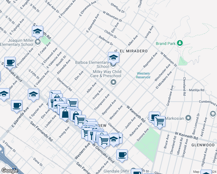 map of restaurants, bars, coffee shops, grocery stores, and more near 1815 West Kenneth Road in Glendale