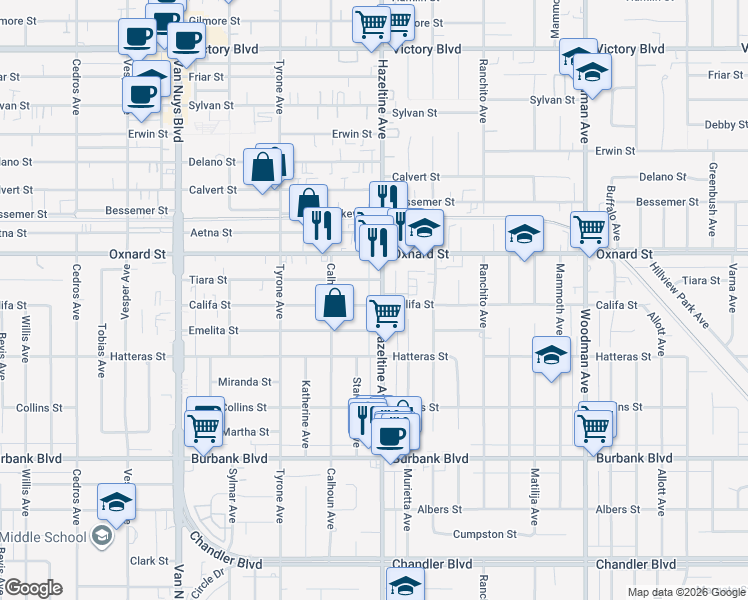 map of restaurants, bars, coffee shops, grocery stores, and more near 14105 Califa Street in Los Angeles