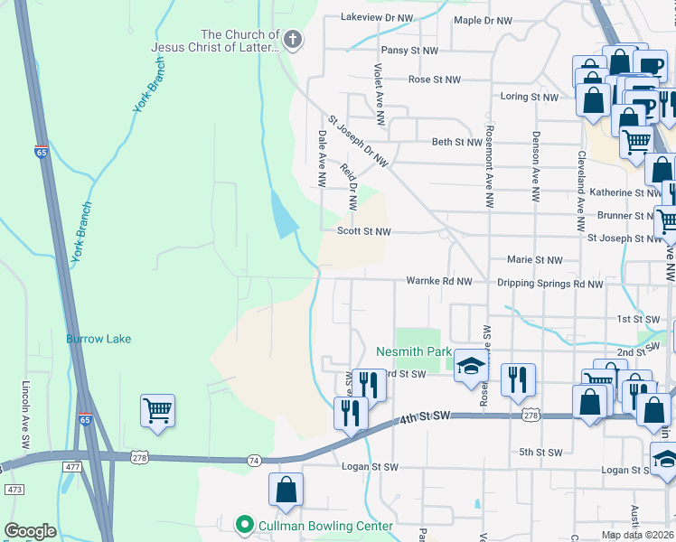 map of restaurants, bars, coffee shops, grocery stores, and more near 1629 Warnke Road Northwest in Cullman